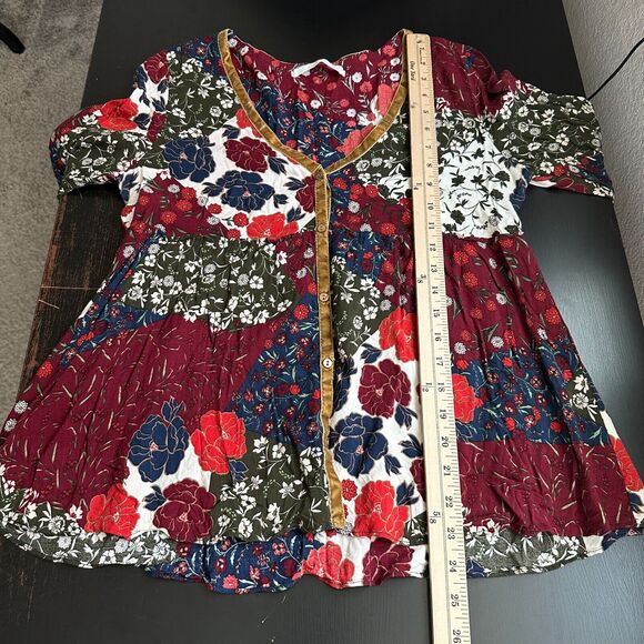 Zara Trafaluc Top Medium Patchwork Babydoll Dark Floral Bohemian Velvet Trim - Picture 7 of 8